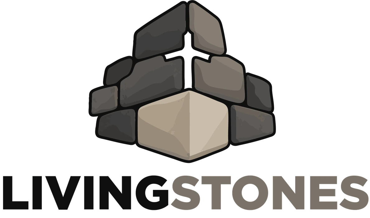 Living Stones logo: a wall of fitted stones rising from a light cornerstone, with a cross of light at the top